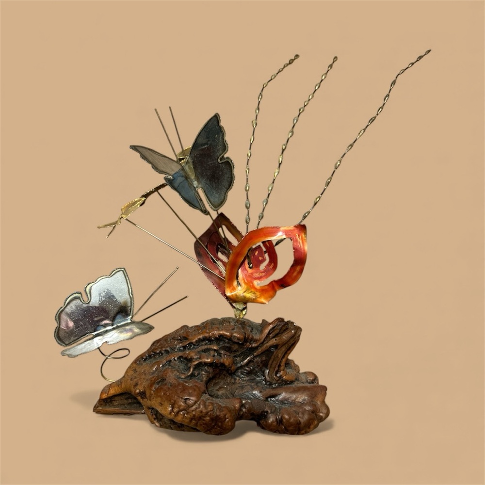 Vintage Brass Butterfly Flower Burl Wood Art Sculpture MCm Brutalist